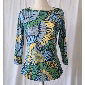 J. McLaughlin Women's Green Blue Abstract Catalina Cloth 3/4 Sleeve Top XS